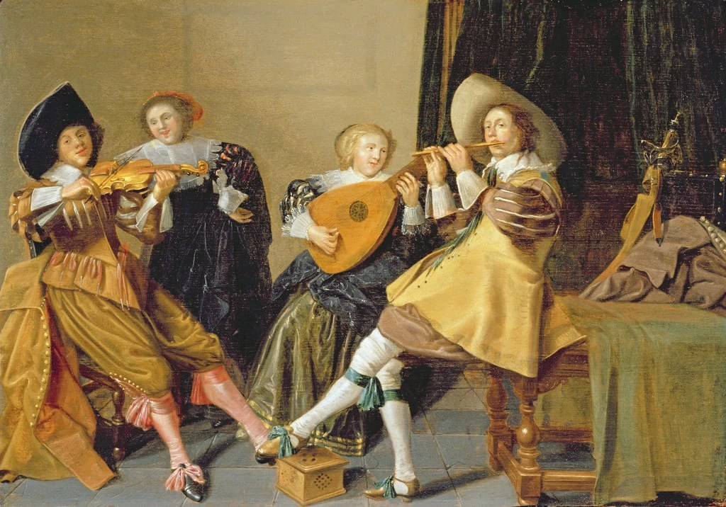 Compagnia elegante che suona musica in un interno